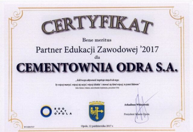 Cementownia Odra S.A. otrzymała tytuł „Partnera Edukacji Zawodowej 2017”