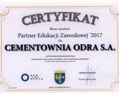 Cementownia Odra S.A. otrzymała tytuł „Partnera Edukacji Zawodowej 2017”