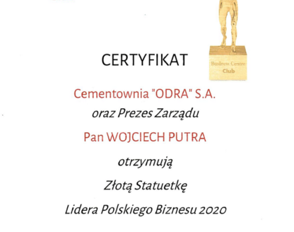 Cementownia ODRA S.A. została uhonorowana Złotą Statuetką Lidera Polskiego Biznesu 2020.
